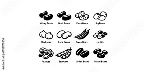 Various types of beans and peanuts icon set.
