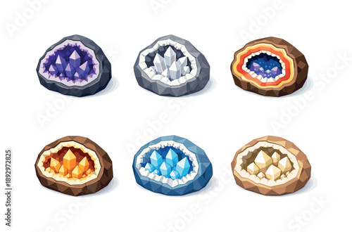 Geode Icons Grid. Geode Types. Isometric flat vector icons set of Geode Types: amethyst geode, quartz geode, agate geode, citrine geode, celestite geode,