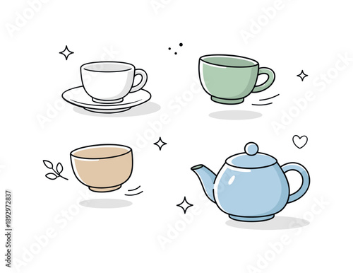 Minimalist Tea Set. Minimal tea set. A small group of stoneware tea cups with clean silhouettes and muted colors, floating gently in an airy