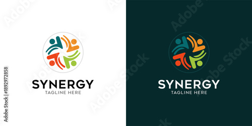 Synergy logo template  representing teamwork, and community diversity. Featuring four stylized human figures interconnected in a circular motion, symbolizing collaboration, unity, and partnership.
