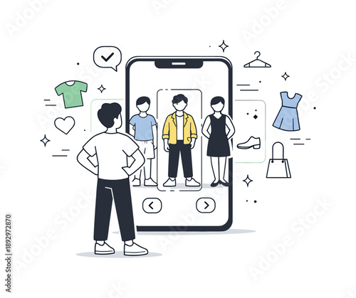 AR Outfit Preview. Virtual try-on experience. A person stands in front of a smartphone screen, previewing different outfits with AR overlays. Calm discovery,