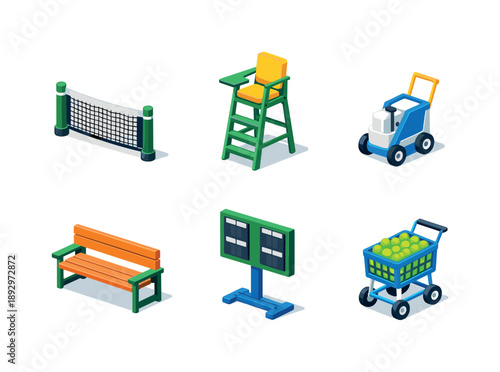 Tennis Icons Grid. Tennis court. Isometric flat vector icons set of tennis court: net post, umpire chair, line marker, court bench, scoreboard stand, ball