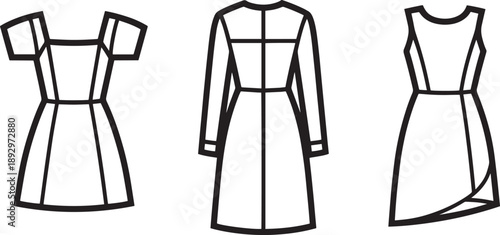 Contemporary dress silhouettes and garment outline vectors for fashion design portfolios
