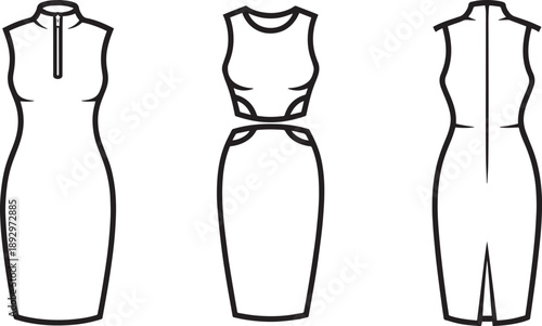 Contour drawings of fitted dresses, highlighting slim silhouettes and sophisticated designs