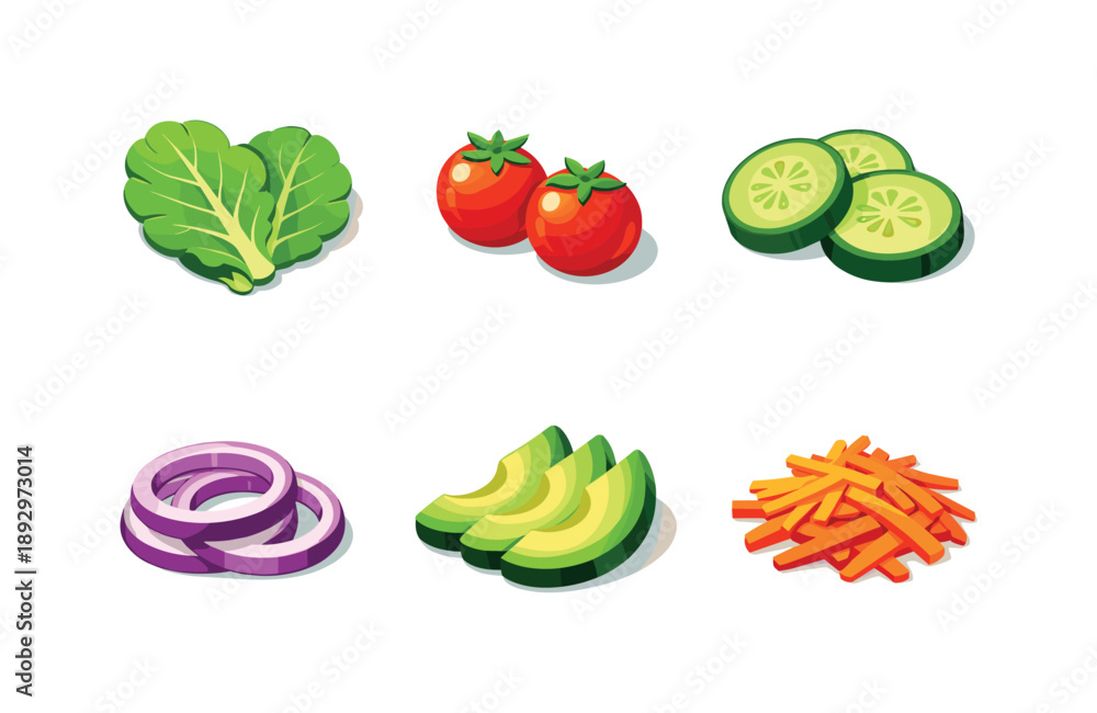 Naklejka premium Colorful Salad Icons. Salad ingredients. Isometric flat vector icons set of salad ingredients: lettuce leaves, cherry tomatoes, sliced cucumber, red onion