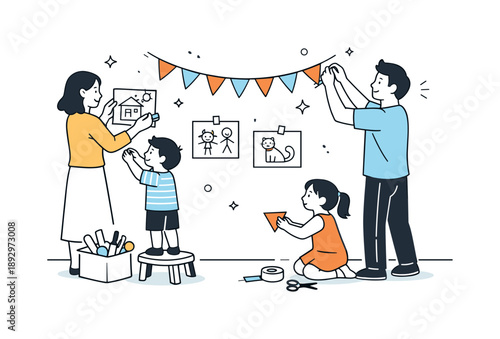 Family Home Decorating. Parents helping kids decorate at home. Family decorating a room with simple garlands and drawings, calm domestic setting. Warm home