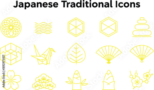 Japanese traditional in yellow on white background line symbols cranes