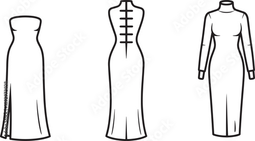 Elegant long dresses and formal gown outlines, fashion silhouettes