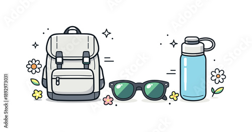 Spring Travel Essentials. Spring travel gear elements. Light backpack, sunglasses and reusable water bottle neatly arranged with small flowers around. Fresh