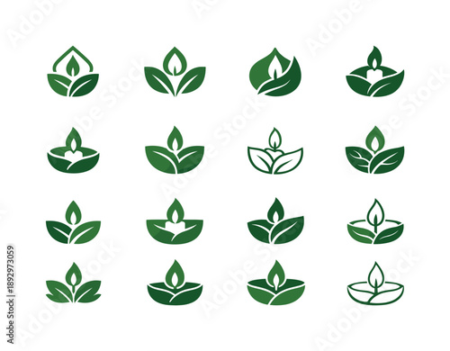 Eco-Friendly Candle Icons. Candle making with eco-friendly wax. Icon set. Set Logo of candle making with eco-friendly wax: natural leaf emblem. harmonious logo