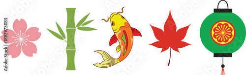 Japanese symbols cherry blossom bamboo koi fish maple leaf lantern pink flower green bamboo orange fish