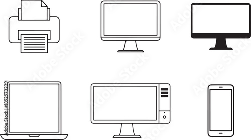 Collection of modern electronic devices and office equipment including a printer laptop desktop computer monitor and smartphone presented in a clean minimalist line art style