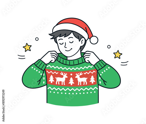 Cozy Holiday Sweater. Wearing Christmas sweaters cozy moment. Single person adjusting a festive sweater and smiling softly. Comfort, warmth and holiday