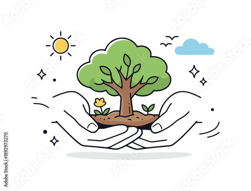 Hands Nurturing Nature. Climate change awareness ? protecting nature. Hands gently holding a tree or plant, symbolizing care for ecosystems and biodiversity.