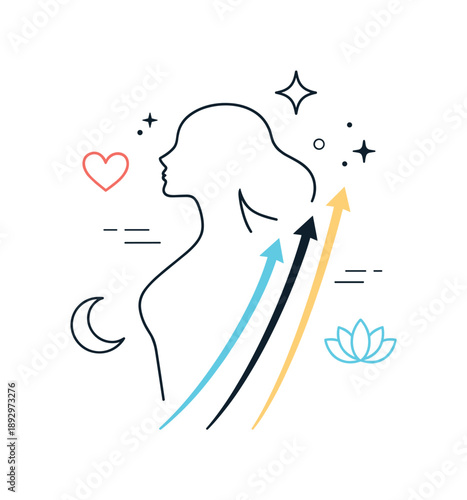 Empowered Female Silhouette. Strong women concept illustration. An abstract female silhouette combined with upward lines and soft symbols, expressing inner