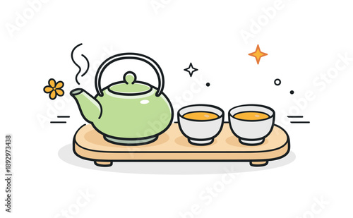 Wallpaper Mural Minimalist Tea Ceremony. Traditional tea ceremony set. Teapot with matching cups and small tray placed together, showing respectful preparation and slow Torontodigital.ca