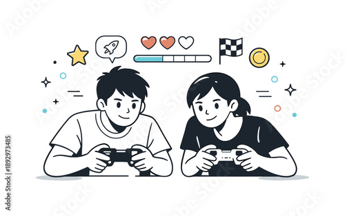 Friendly Gaming Competition. Video gaming together as friendly competition. Players leaning in, game elements floating above like stars or health bars.