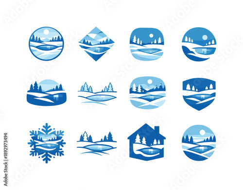 Snowfield Logo Variations. Snow-covered field with a frozen pond in the distance. Icon set. Set Logo of snow-covered field with a frozen pond in the distance:
