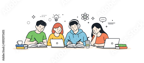 Focused Group Study. Students studying. Group of students sitting together with books and laptops, calm focused learning atmosphere at a shared desk. Sense of