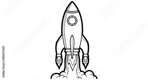 Retro rocket ship blasting off with smoke and flames, simple line art illustration