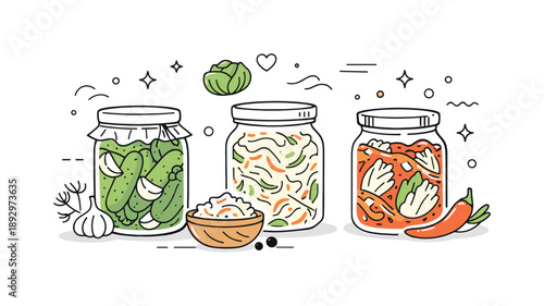 Homemade Fermentation Delight. Home fermentation concept. Several jars with pickles, sauerkraut, and kimchi shown in a tidy still life composition. Natural and