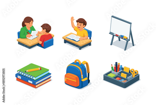 After School Icons. After School Help. Isometric flat vector icons set of After School Help: tutor reviewing homework paper, student raising hand, whiteboard