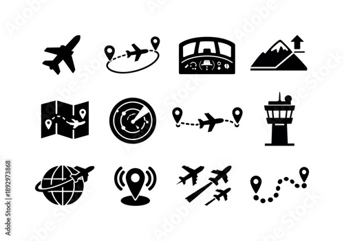 Aviation Icon Set. Flight path aviation. Solid icon set of Flight path aviation: jet in sky, air route, cockpit view, altitude icon, navigation chart, flight