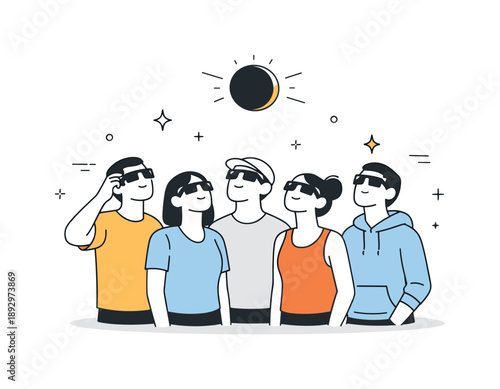 Eclipse Gazing Unity. People watching eclipse. Group standing together and looking at the sky with protective glasses. Shared curiosity and quiet awe during a