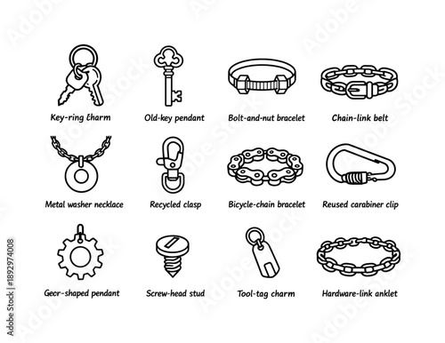 Upcycled Fashion Icons. Sustainable and upcycled fashion accessories. Line icon set of reused hardware accessories: key-ring charm, old-key pendant,
