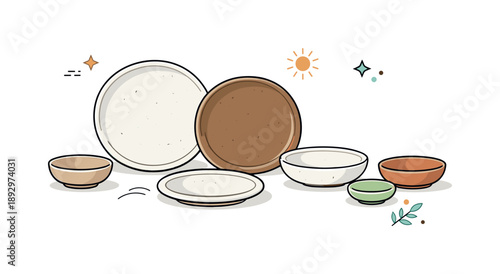 Minimalist Ceramic Dinnerware. Earthy ceramic plates. An editorial scene showing a stoneware dinnerware set with various sizes, from large dinner plates to