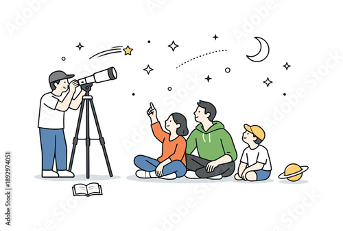 Stargazing Discovery. People observing stars together. One person holding a simple telescope while others watch the sky, feeling of discovery and shared