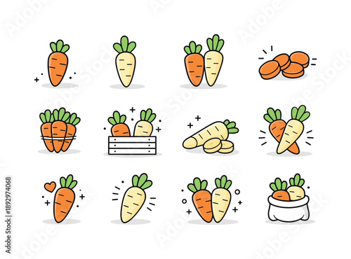 Carrot Parsnip Icons. Carrots and parsnips icon set. Simplified carrot and parsnip illustrations repeated as a cohesive collection, clean and consistent visual
