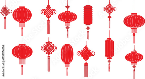 Red Chinese lanterns and hanging decorations tassels