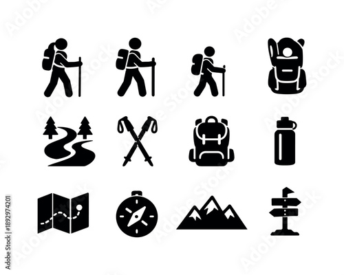 Family Hiking Icons. Family hiking together. Solid icon set of family hiking together: mother hiker, father hiker, child hiker, baby carrier, hiking trail,