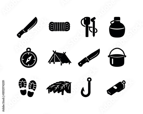Jungle Survival Icons. Jungle survival. Solid icon set of jungle survival: machete, rope coil, fire starter, water canteen, compass, shelter frame, knife,