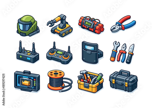 Bomb Disposal Icon Set. Bomb disposal. Colorful isometric vector icons set of bomb disposal: bomb suit helmet, robot arm, explosive device icon, pliers, signal