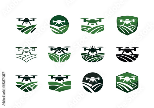 Precision Farming Logos. Precision farming. Icon set. Set Logo of precision farming: drone over farmland. harmonious logo variations of the same emblematic