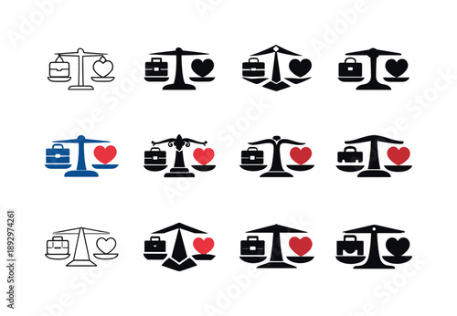 Work-Life Balance Icons. work-life balance. Icon set. Set Logo of work-life balance: scales balancing briefcase and heart. harmonious logo variations of the