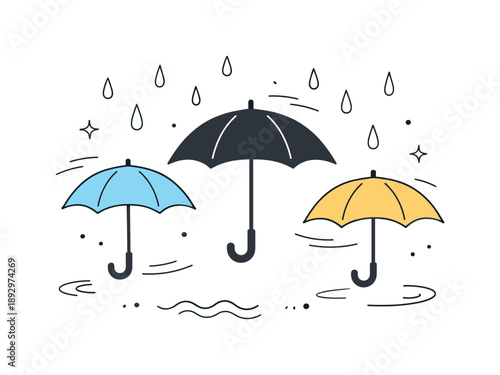 Minimal Rainy Scene. Umbrellas under rain illustration. Minimal umbrellas with soft motion lines and abstract raindrop shapes, suggesting calm rainy weather