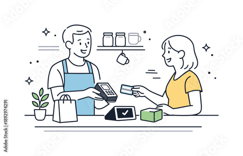 Friendly Shop Interaction. Running a small business. A shop owner stands behind a counter, interacting with a customer and handling a simple transaction. Warm