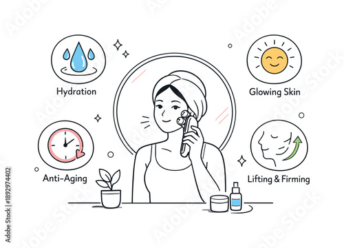 High-Tech Skincare Routine. Anti-aging skincare tech routine. A relaxed scene of a person using a high-tech face device in front of a mirror with simple icon
