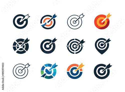Small Business Logos. Marketing ideas for small businesses. Icon set. Set Logo of Marketing ideas for small businesses: target with arrow. harmonious logo