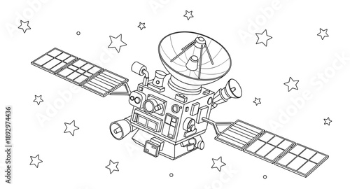 Detailed line art illustration of a satellite with solar panels and antenna in space