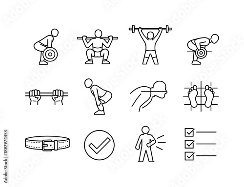 Strength Training Icons. Strength training form. Line icon set of Strength training form: deadlift posture, squat technique, overhead press, bent row, barbell
