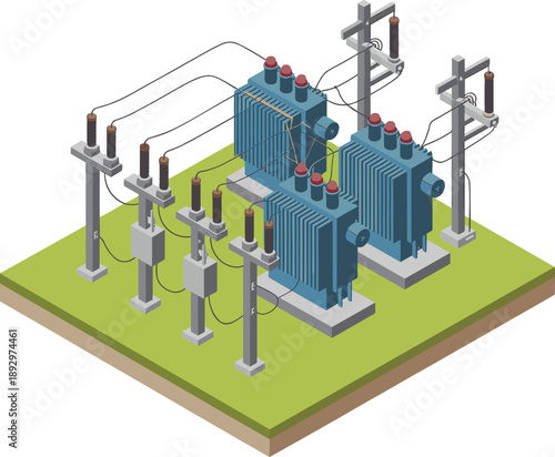 Isometric electrical power substation illustration showing high voltage transformers, utility poles, and energy distribution infrastructure for industrial electricity transmission systems
