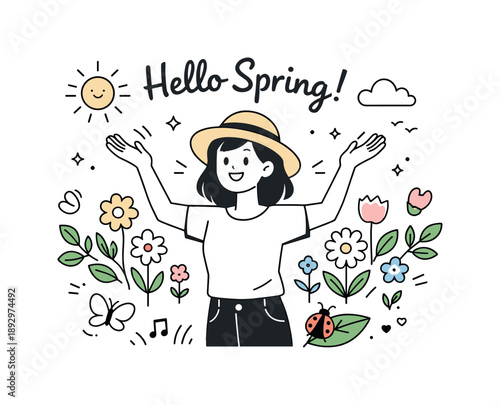 Springtime Cheer. Hello Spring Flat Design. A light and cheerful scene with a character welcoming spring, surrounded by flowers, leaves, and soft sun shapes.