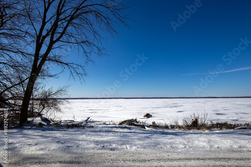 Frozen Mississippi River with snow near Nauvoo IL