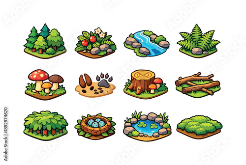 Forest Valley Icons. Forest Valley. Colorful isometric vector icons set of Forest Valley: dense trees, forest floor plants, brook stream, fern clusters, forest