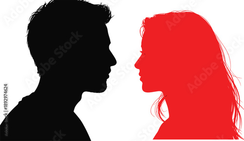 Man and woman face to face silhouette illustration symbolizing love, relationship, emotional connection, communication and romantic interaction concept in modern minimal style