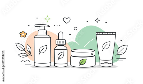 Minimalist Skincare Design. Natural skincare products. Minimal bottles and jars with subtle leaf symbols and abstract shapes around them, creating a calm mood